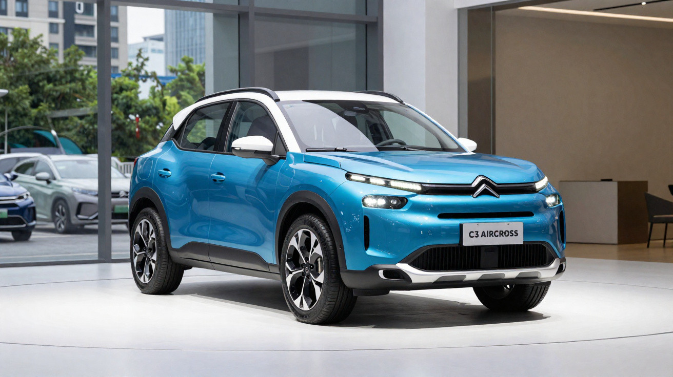 Carro SUV Citroën C3 Aircross azul com teto branco exibido em showroom moderno.
