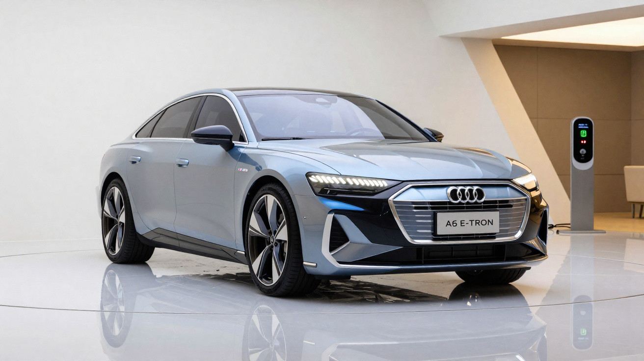 Carro elétrico Audi A6 E-Tron cinza estacionado em ambiente interno com estação de recarga ao fundo.