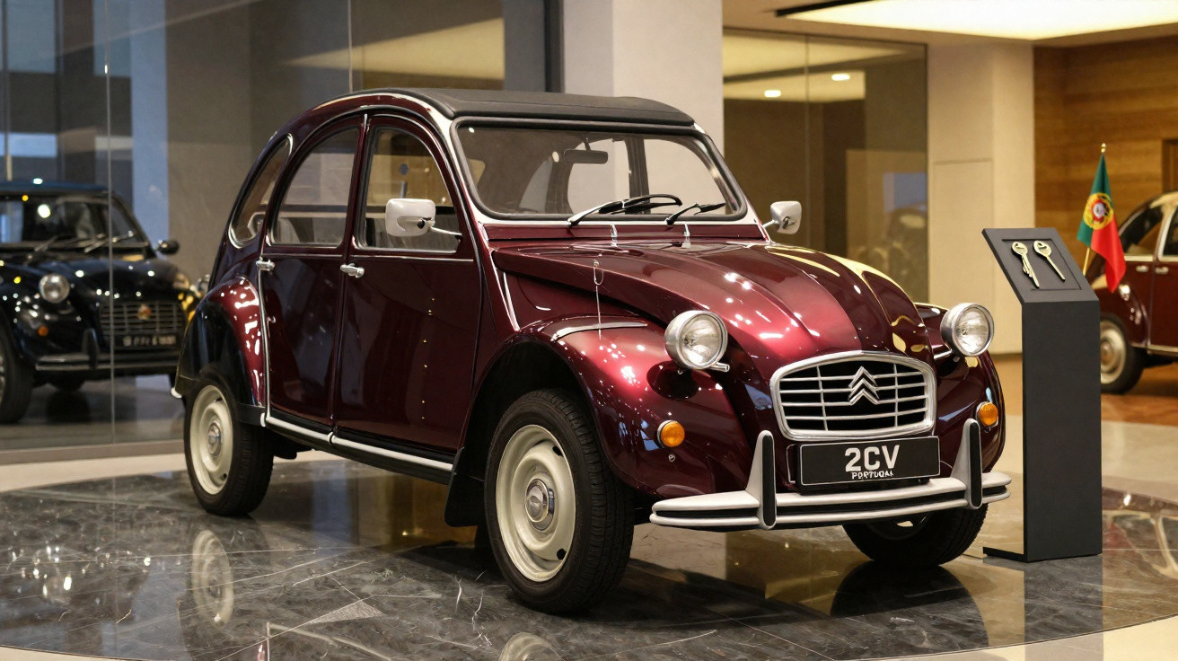 Carro clássico Citroën 2CV vinho exposto em museu com chão de mármore refletindo a imagem.