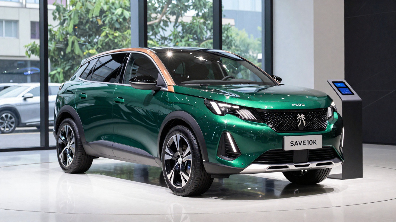 Carro SUV verde metálico com teto laranja exposto em showroom moderno com janelas grandes.