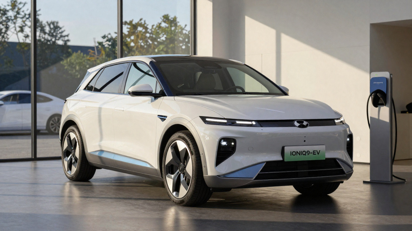 Carro elétrico branco Hyundai Ioniq 9 em ambiente interno ao lado de estação de recarga.