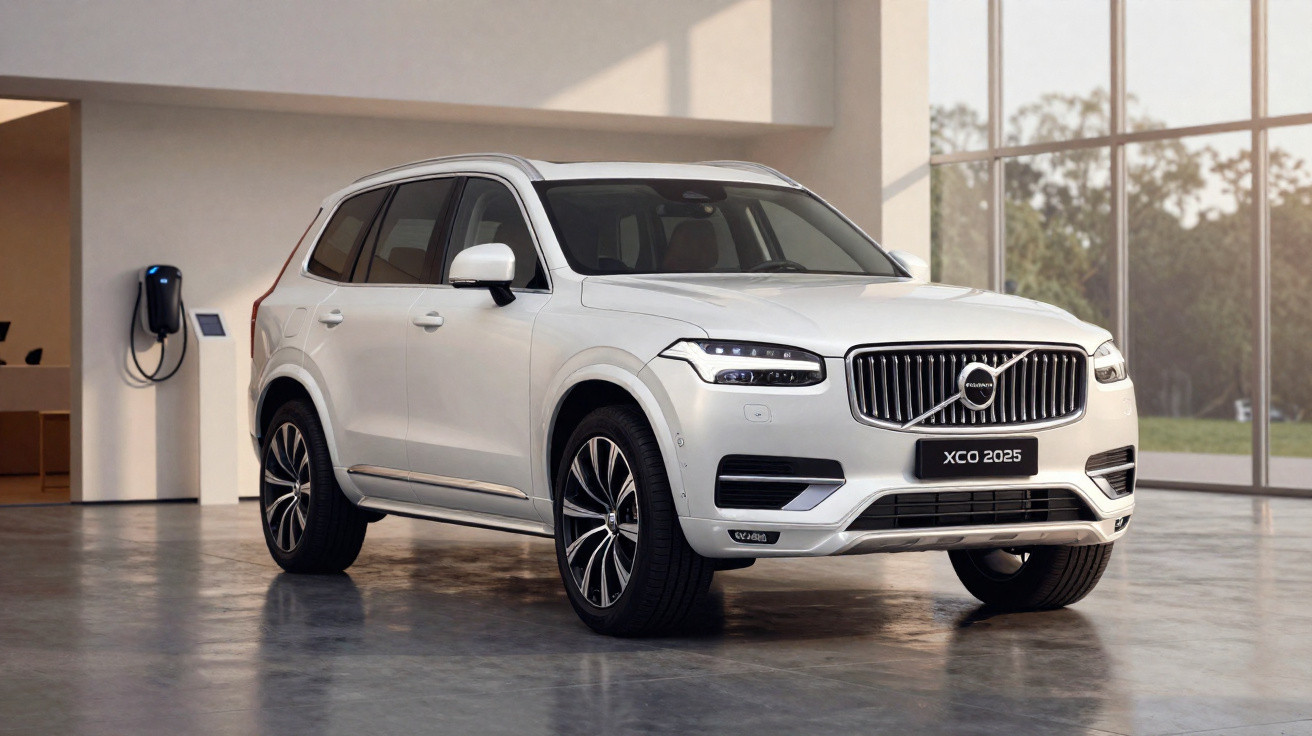 SUV branco Volvo XC90 2025 em chão de concreto dentro de ambiente moderno com parede de vidro e carregador elétrico na parede