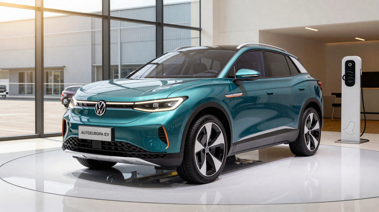 SUV elétrico Volkswagen Autoeuropa EV azul exibido em ambiente interno moderno com estação de recarga.