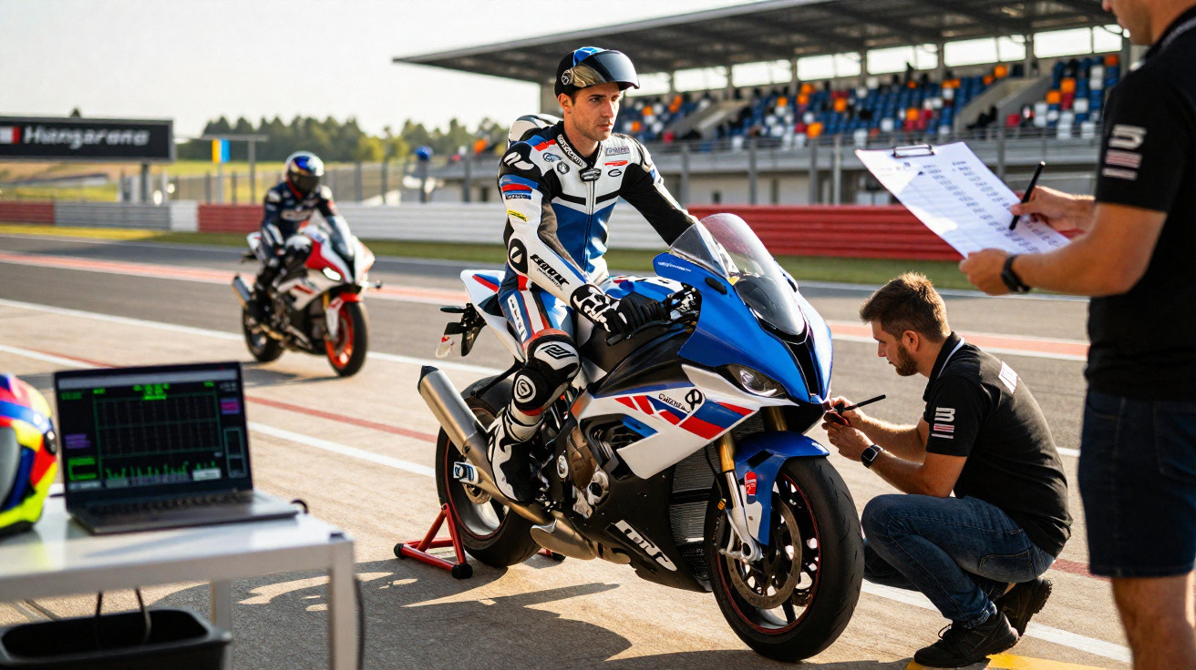 Piloto com macacão branco e azul em moto esportiva azul no pit stop de pista com equipe técnica.