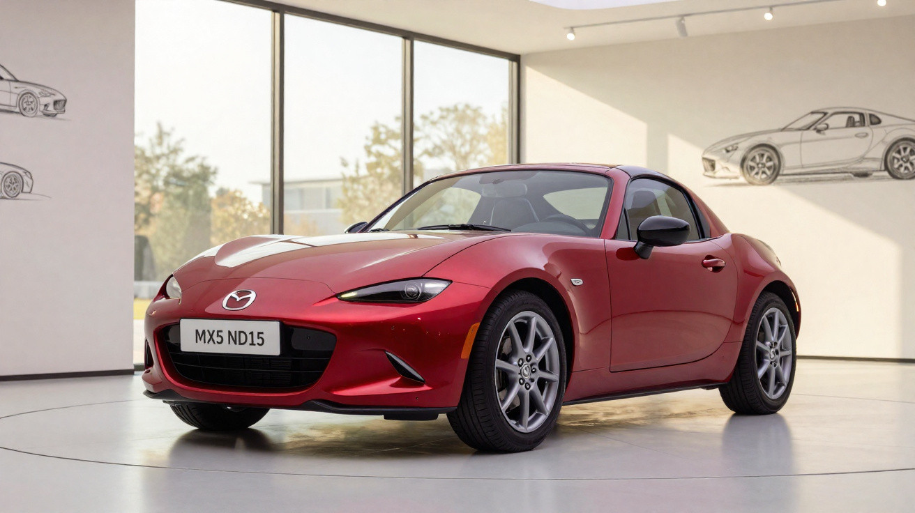 Carro esportivo vermelho Mazda MX-5 estacionado em ambiente interno com parede branca e desenhos de carros.