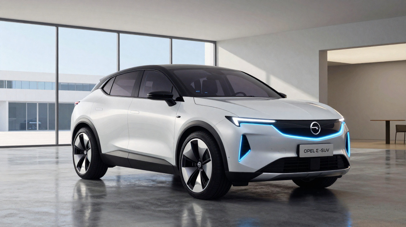 SUV elétrico branco da Opel com luzes de LED azuis, em ambiente interno moderno e iluminado.