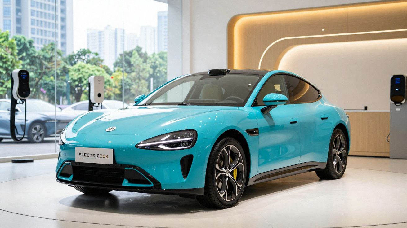 Carro elétrico azul turquesa em showroom moderno com estações de recarga ao fundo.