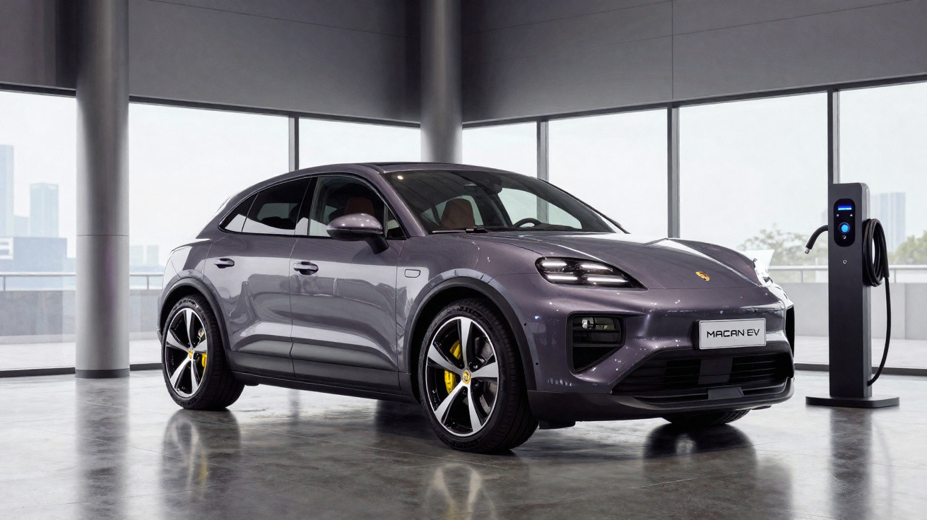 Carro elétrico cinza Porsche Macan EV em sala com estação de carregamento e janelas grandes ao fundo.