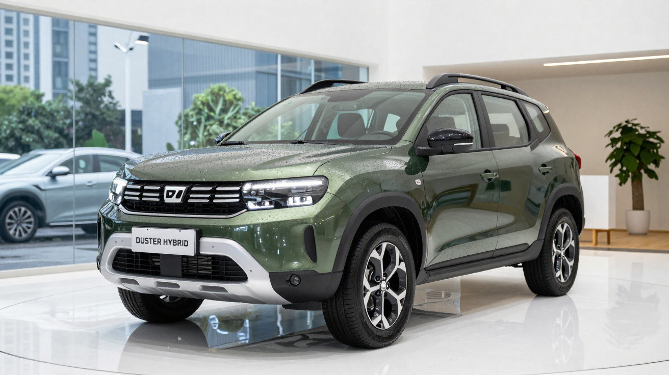 SUV verde Duster Hybrid exposto em showroom com piso branco e fundo de vidro e planta.