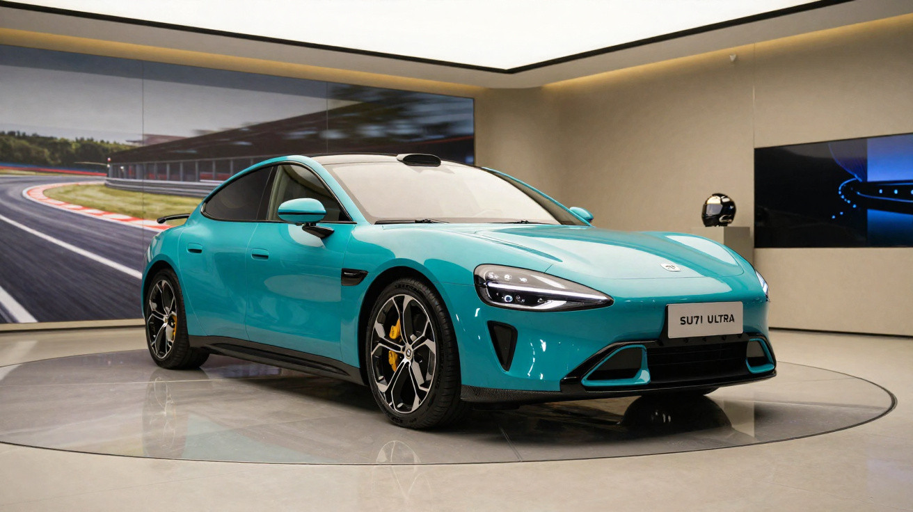 Carro esportivo elétrico azul exibido em estande interno com painel digital ao fundo.