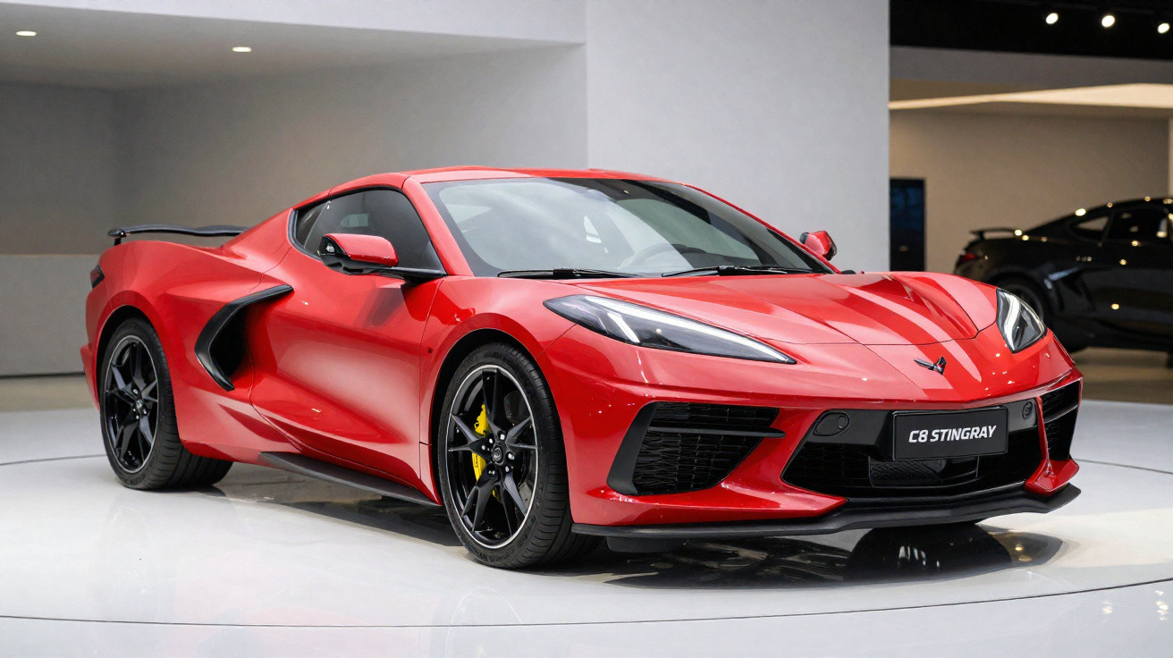 Carro esportivo vermelho Chevrolet Corvette C8 Stingray em exposição com rodas pretas e freios amarelos.