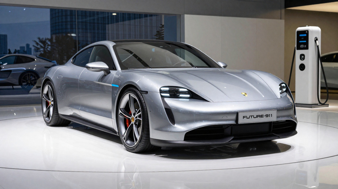 Carro esportivo elétrico prata modelo Future-911 em exposição com estação de recarga ao fundo.