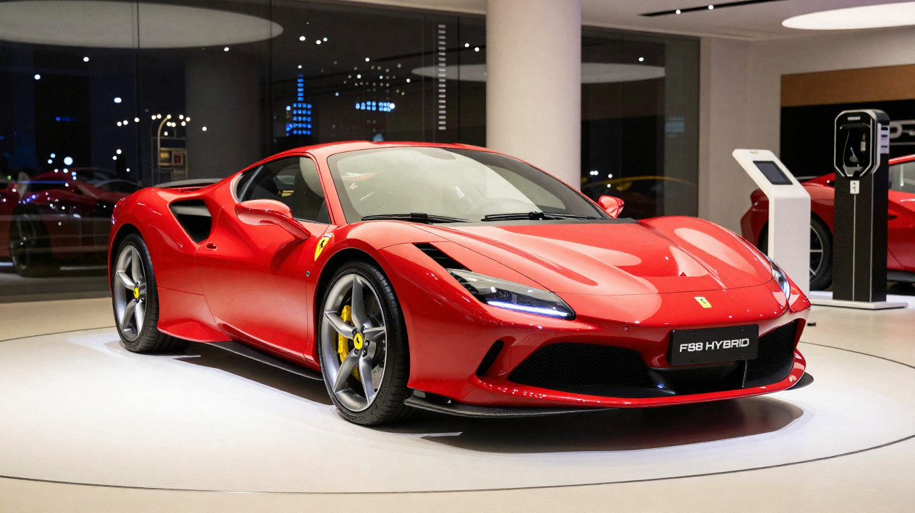 Carro esportivo vermelho Ferrari F8 Hybrid exibido em showroom moderno com piso branco.