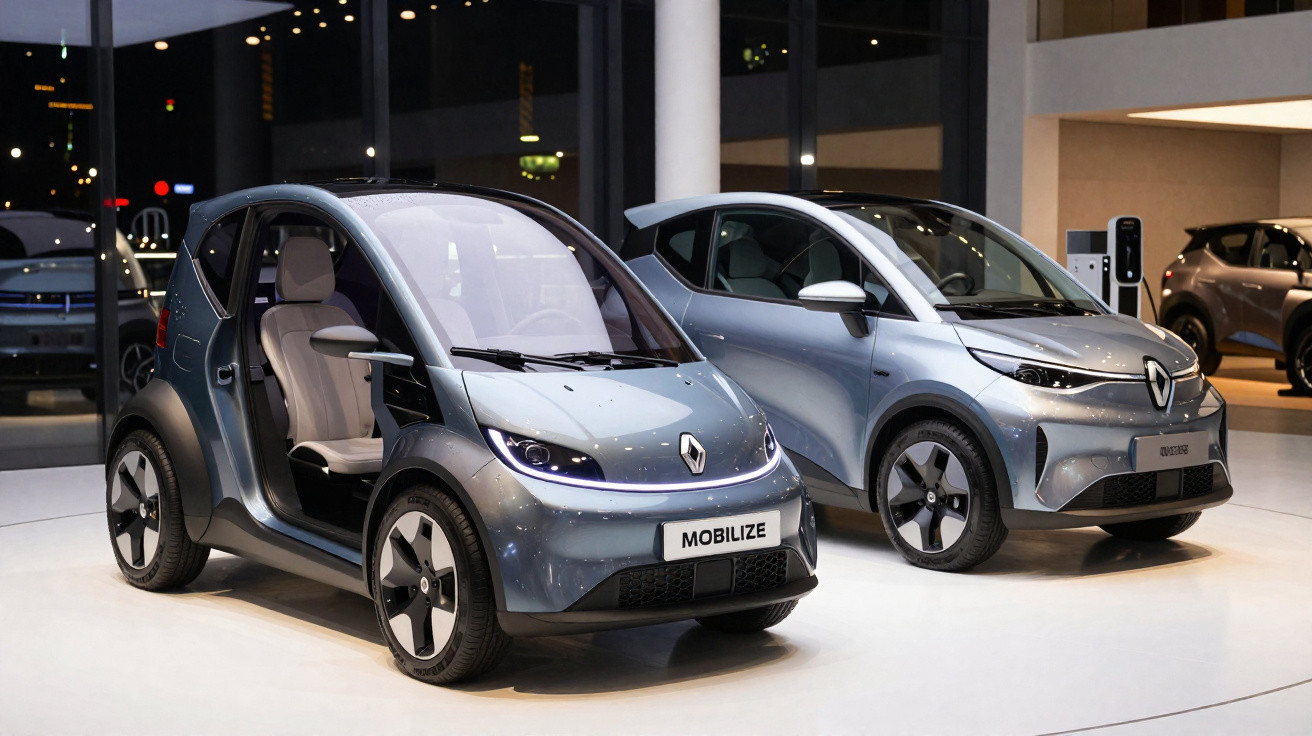 Dois carros elétricos Renault cinza expostos em ambiente interno, um modelo compacto Mobilize com portas abertas.