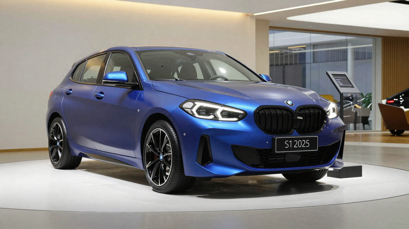 Carro BMW azul modelo S1 2025 exposto em ambiente interno moderno com iluminação suave.