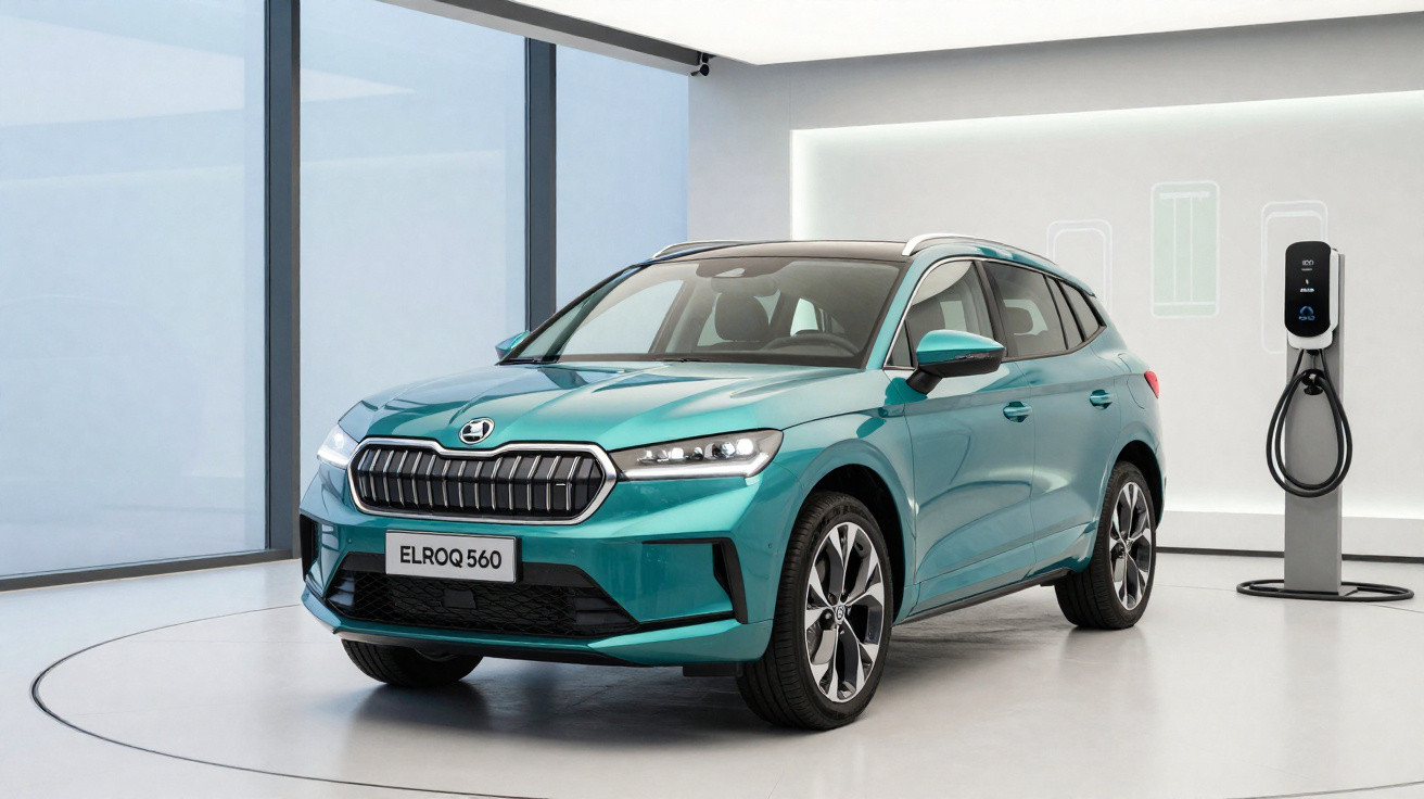 Carro elétrico verde modelo ELROQ 560 estacionado em sala moderna ao lado de carregador elétrico.
