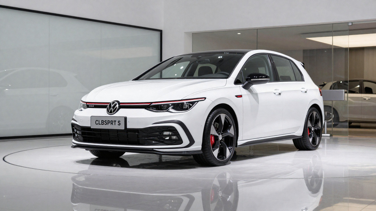 Carro Volkswagen Golf GTI branco em ambiente interno moderno, exibindo design esportivo e rodas pretas.