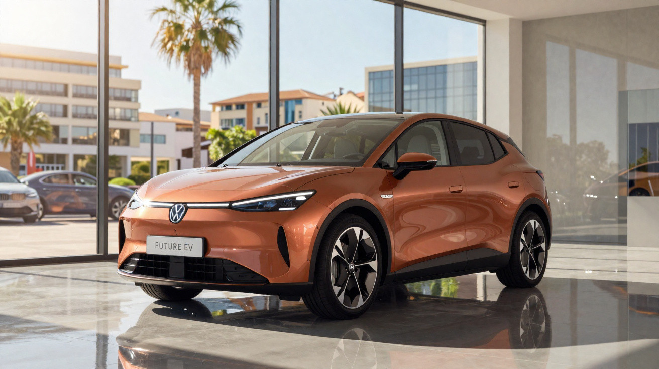 Carro elétrico Volkswagen Future EV laranja exibido em showroom moderno com grandes janelas de vidro.