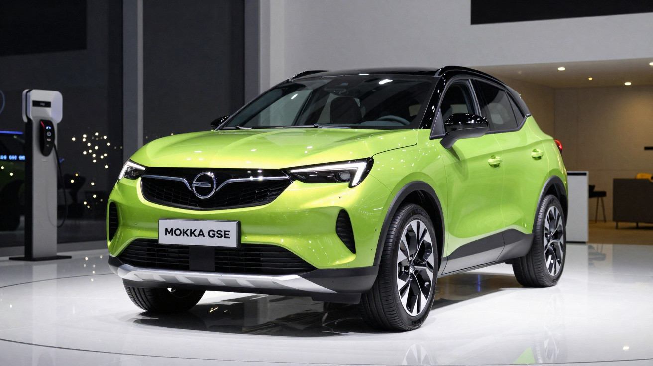 Carro SUV verde Opel Mokka GSE exposto em ambiente interno iluminado e moderno.