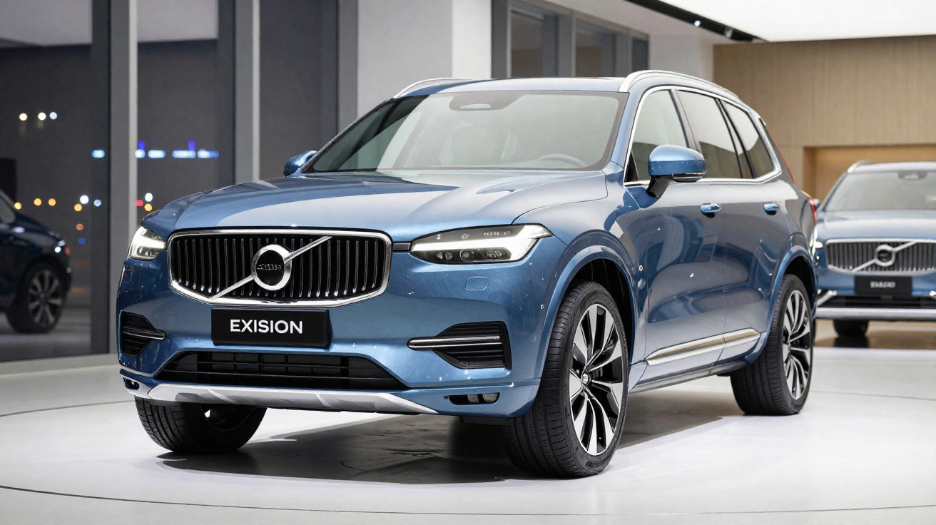 SUV azul Volvo Exision exibido em showroom moderno com iluminação suave e carros ao fundo.