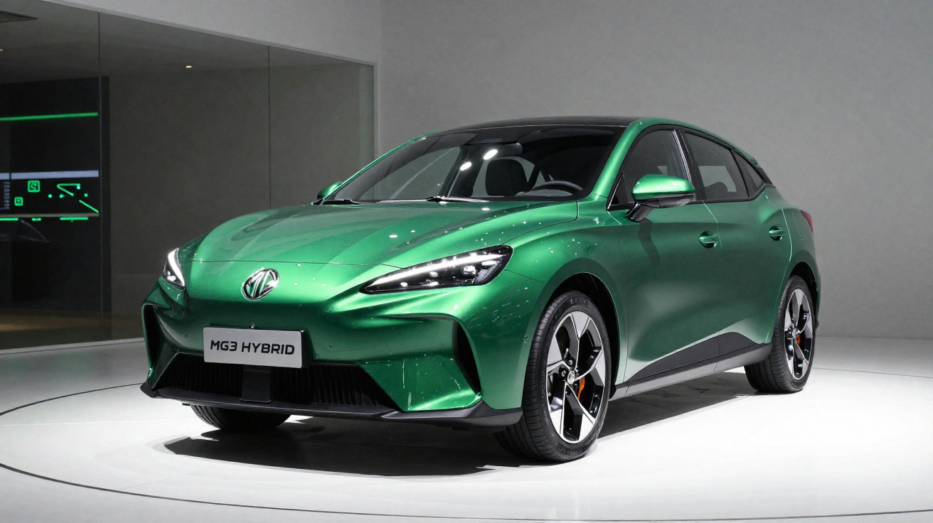 Carro verde MG3 Hybrid exposto em ambiente interno com iluminação branca, vista frontal lateral.