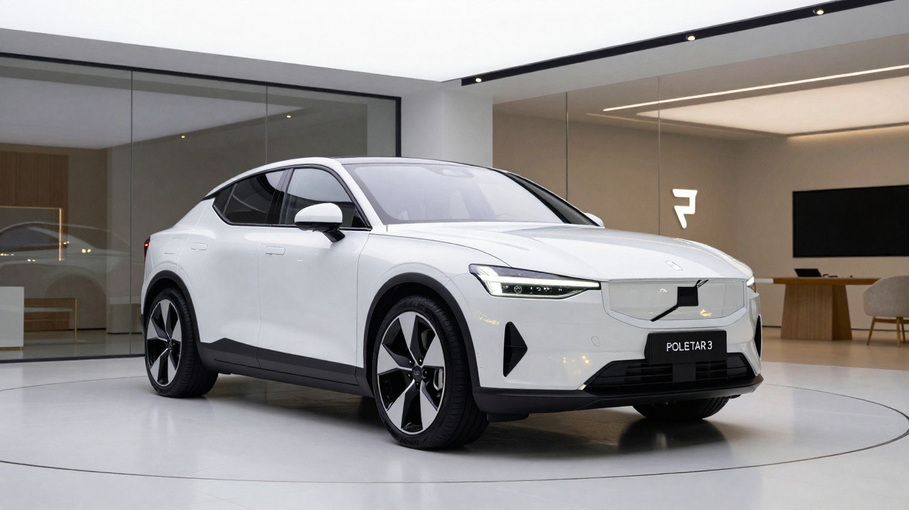 Carro elétrico branco Polestar 3 em sala de exposição moderna, com design aerodinâmico e rodas pretas.