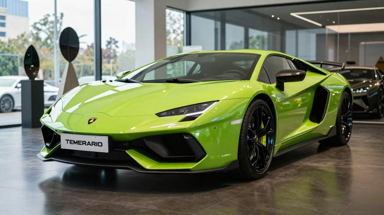 Carro esportivo Lamborghini verde limão em exibição dentro de showroom moderno com piso cinza.