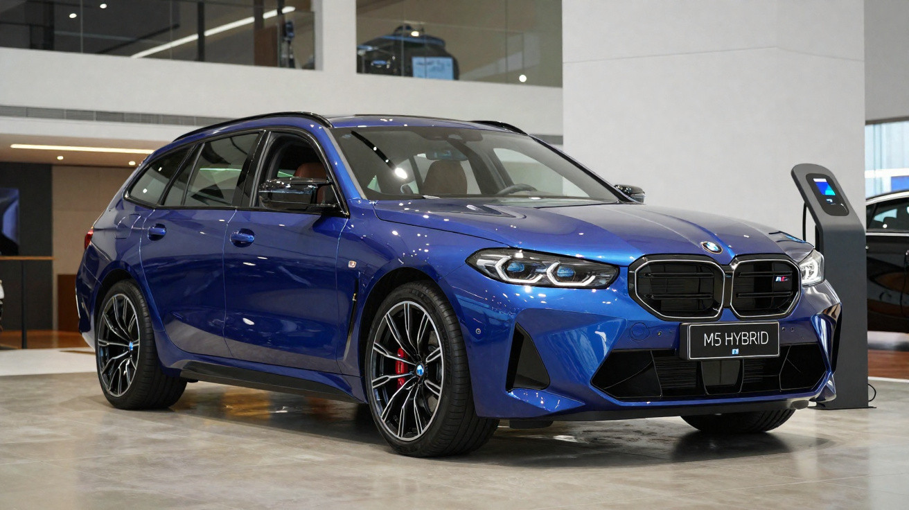 Carro BMW M5 Hybrid azul metálico em showroom moderno, com rodas esportivas e detalhes em preto.