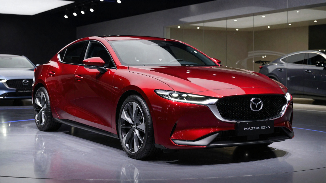 Carro esportivo sedã Mazda EZ-6 vermelho metálico exibido em salão automotivo moderno e iluminado.