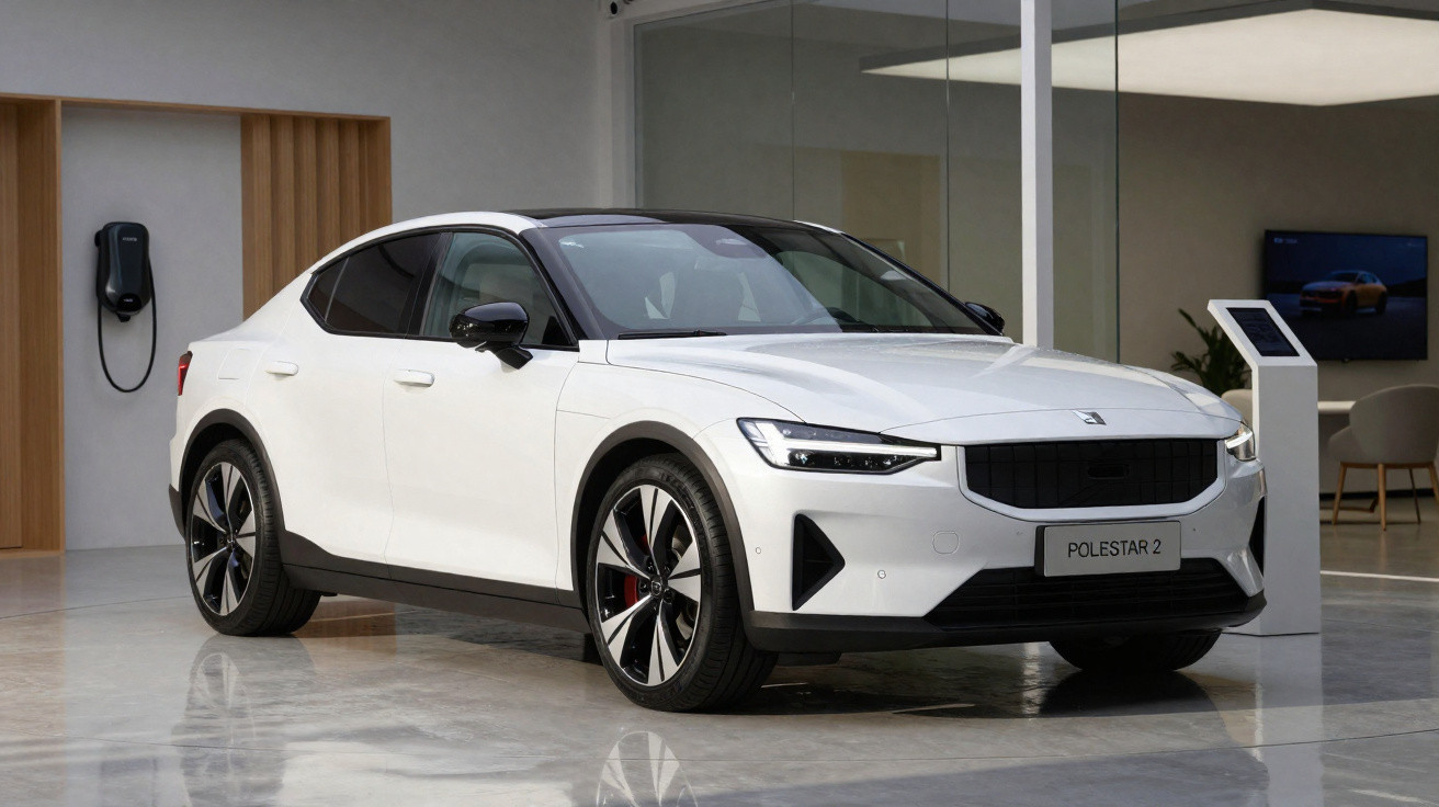 Carro elétrico branco Polestar 2 exibido em showroom moderno com parede de vidro e piso refletivo.