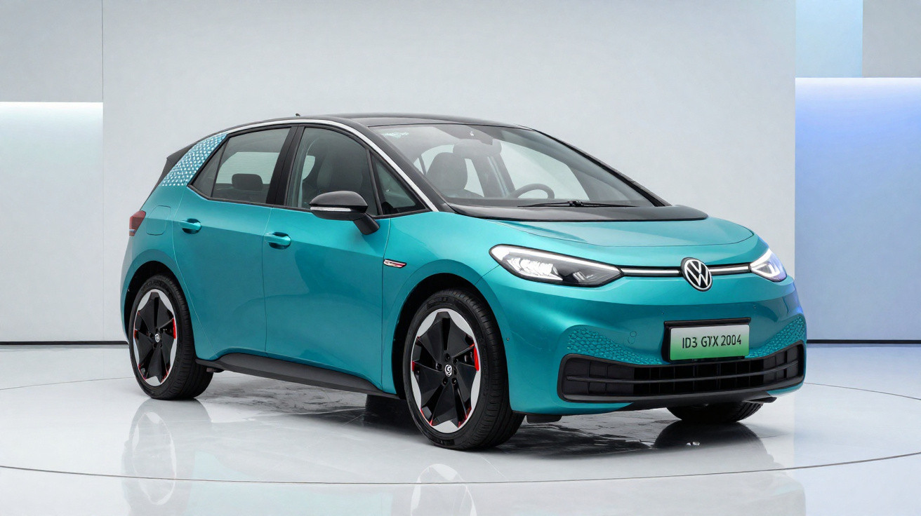Carro elétrico Volkswagen ID.3 azul turquesa em exposição, vista frontal e lateral direita.