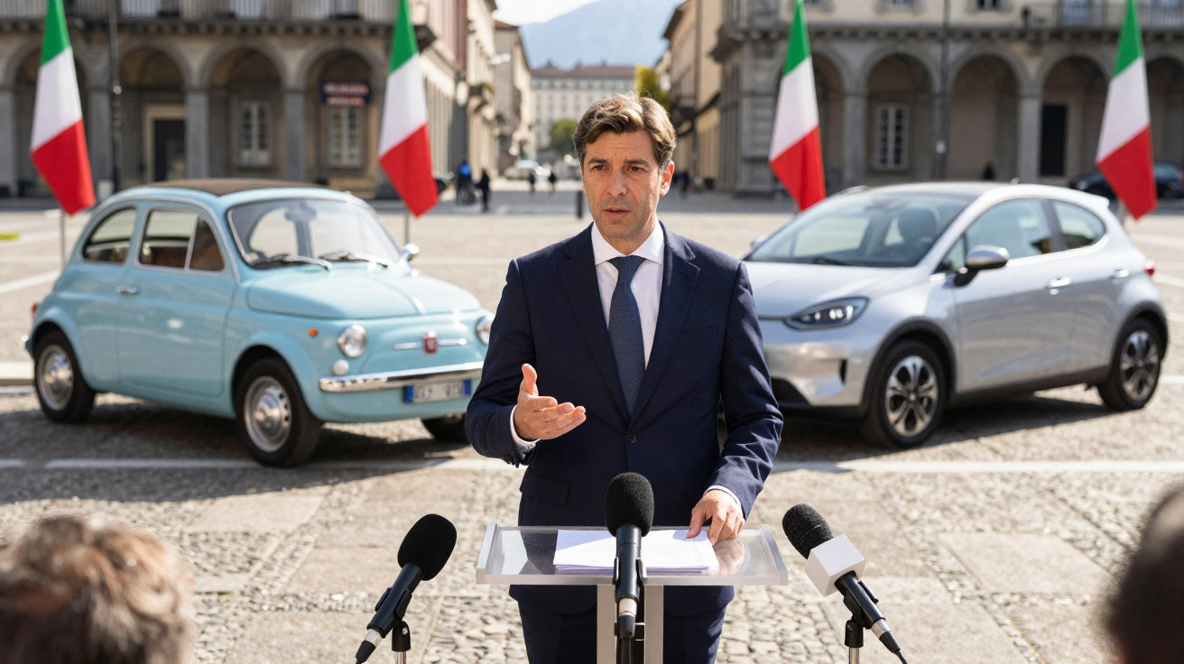 Homem em terno fala em púlpito ao ar livre, com carros antigos e modernos e bandeiras italianas ao fundo.
