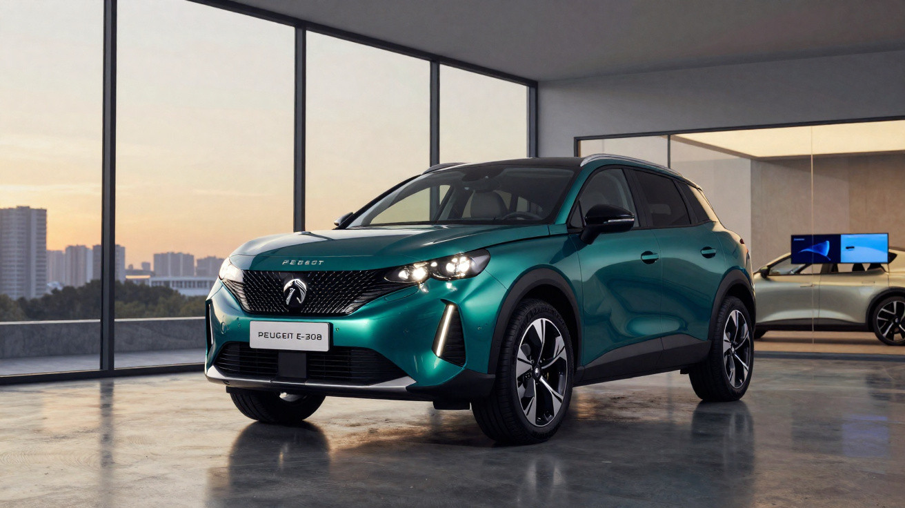 Carro SUV elétrico Peugeot e-308 verde em showroom moderno com janelas amplas ao pôr do sol.