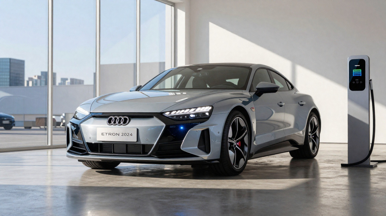 Carro elétrico Audi e-tron 2024 prata estacionado ao lado de estação de recarga em ambiente interno.