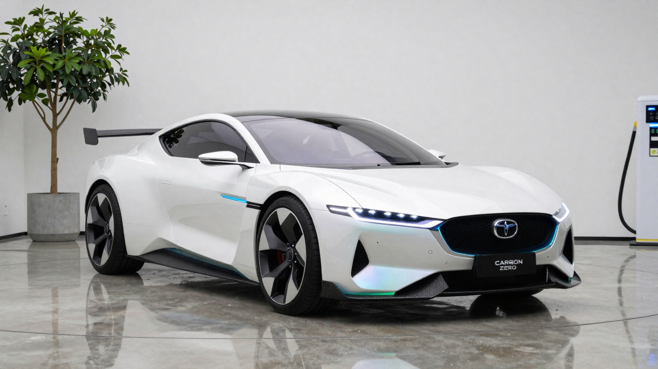 Carro esportivo elétrico branco estacionado em ambiente interno com planta e estação de recarga ao fundo.