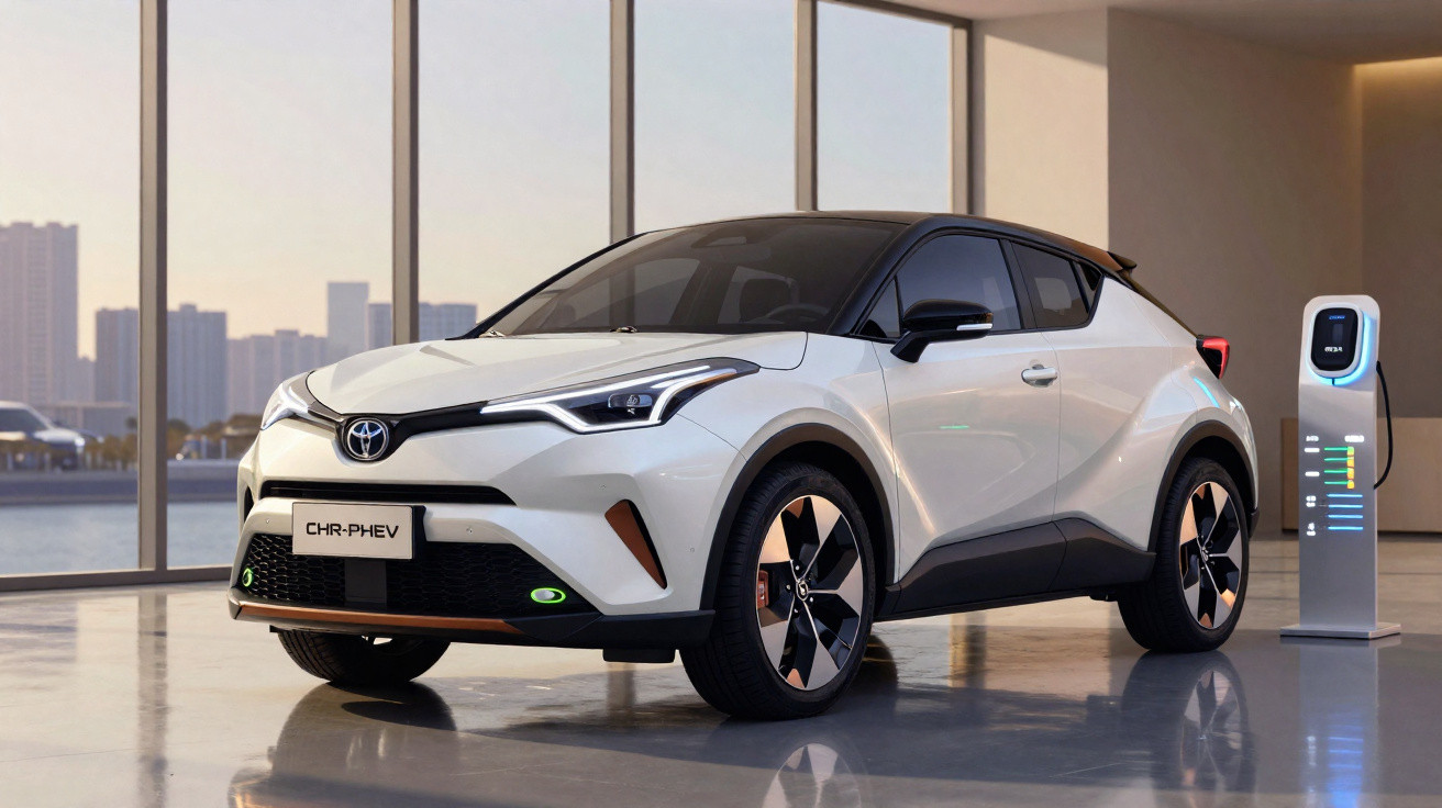 Carro elétrico branco Toyota CHR-PHEV estacionado ao lado de carregador em ambiente interno com vista para cidade.
