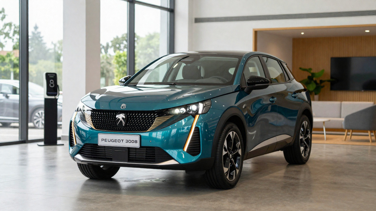 Carro SUV azul Peugeot 3008 exposto em showroom moderno com paredes de vidro e decoração minimalista.