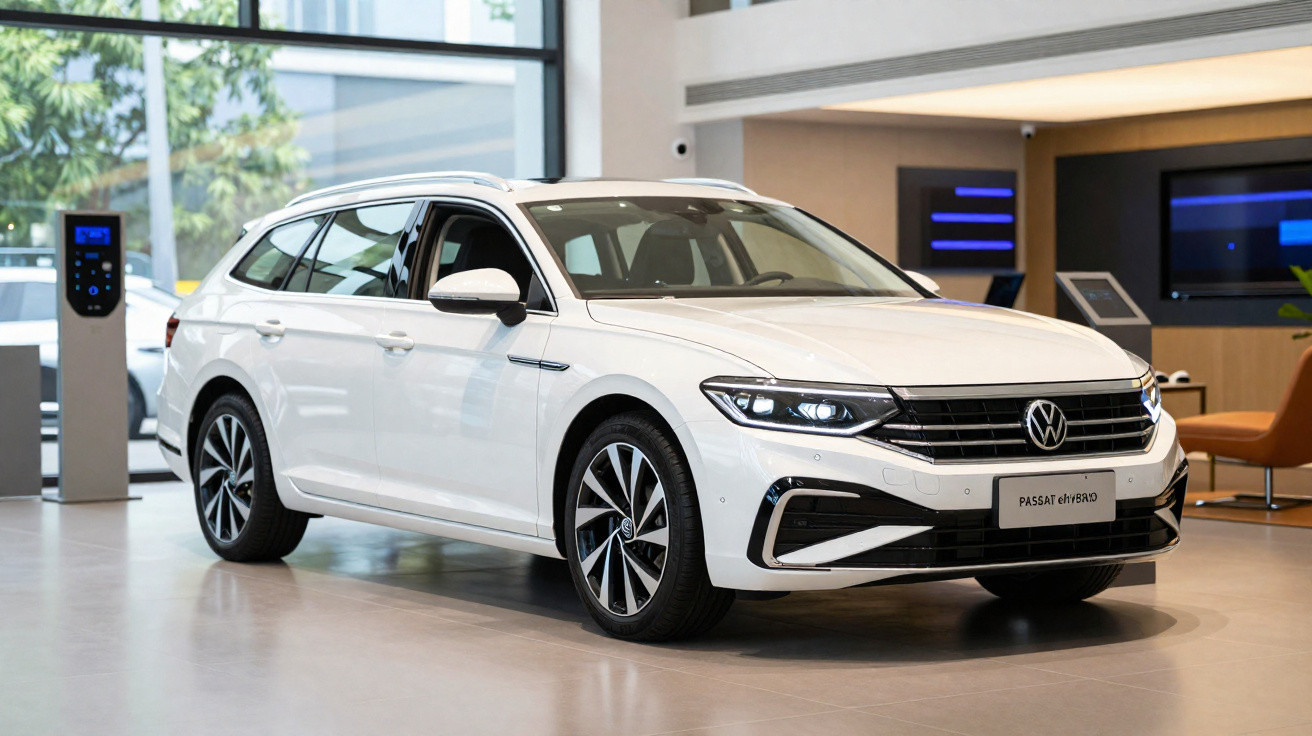 Carro Volkswagen Passat híbrido branco em salão de exposição moderno e iluminado.
