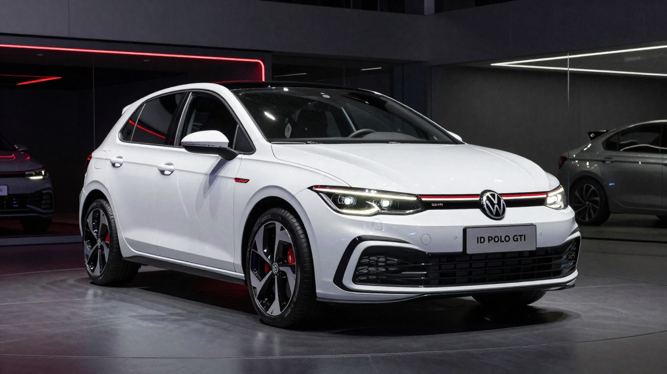 Carro branco Volkswagen ID Polo GTI estacionado em ambiente interno com luzes refletidas no chão.