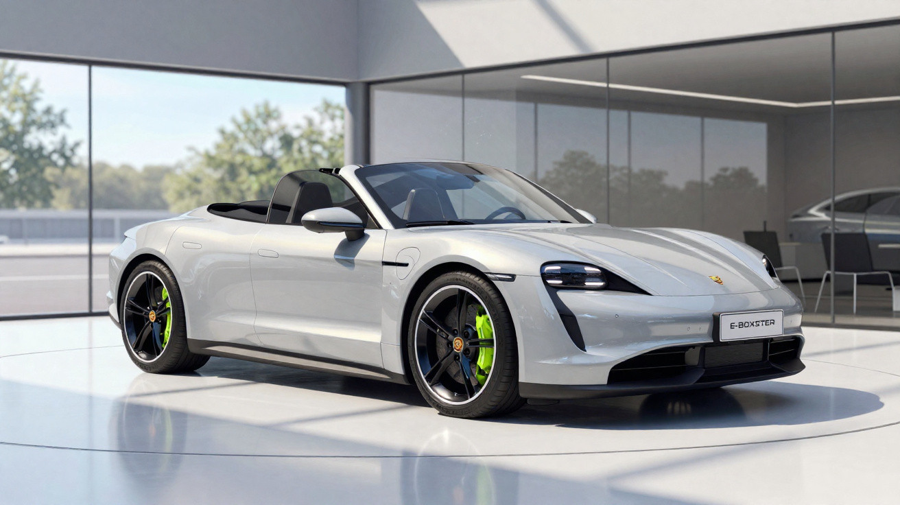 Carro esportivo conversível branco Porsche E-Boxster estacionado em showroom moderno com paredes de vidro.