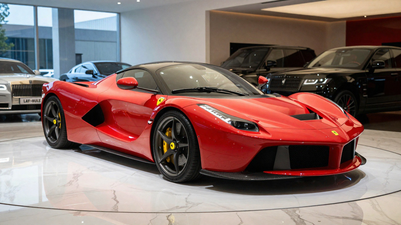 Carro esportivo vermelho Ferrari LaFerrari estacionado em showroom com teto preto e rodas pretas.