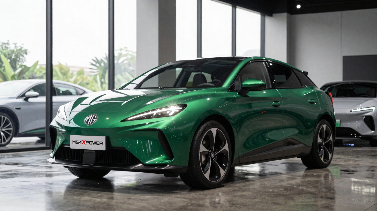 Carro elétrico verde MG4 XPower estacionado em showroom moderno com piso de concreto polished.