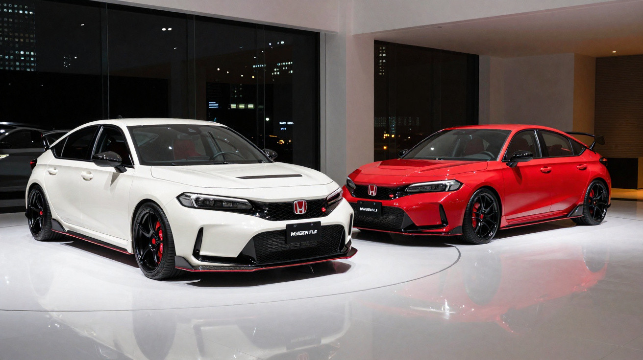 Dois carros Honda Civic Mugen, um branco e um vermelho, em exposição interna com piso branco e janelas grandes.