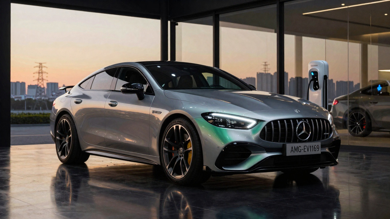 Carro elétrico Mercedes-Benz prata estacionado em showroom ao pôr do sol com carregador ao fundo.