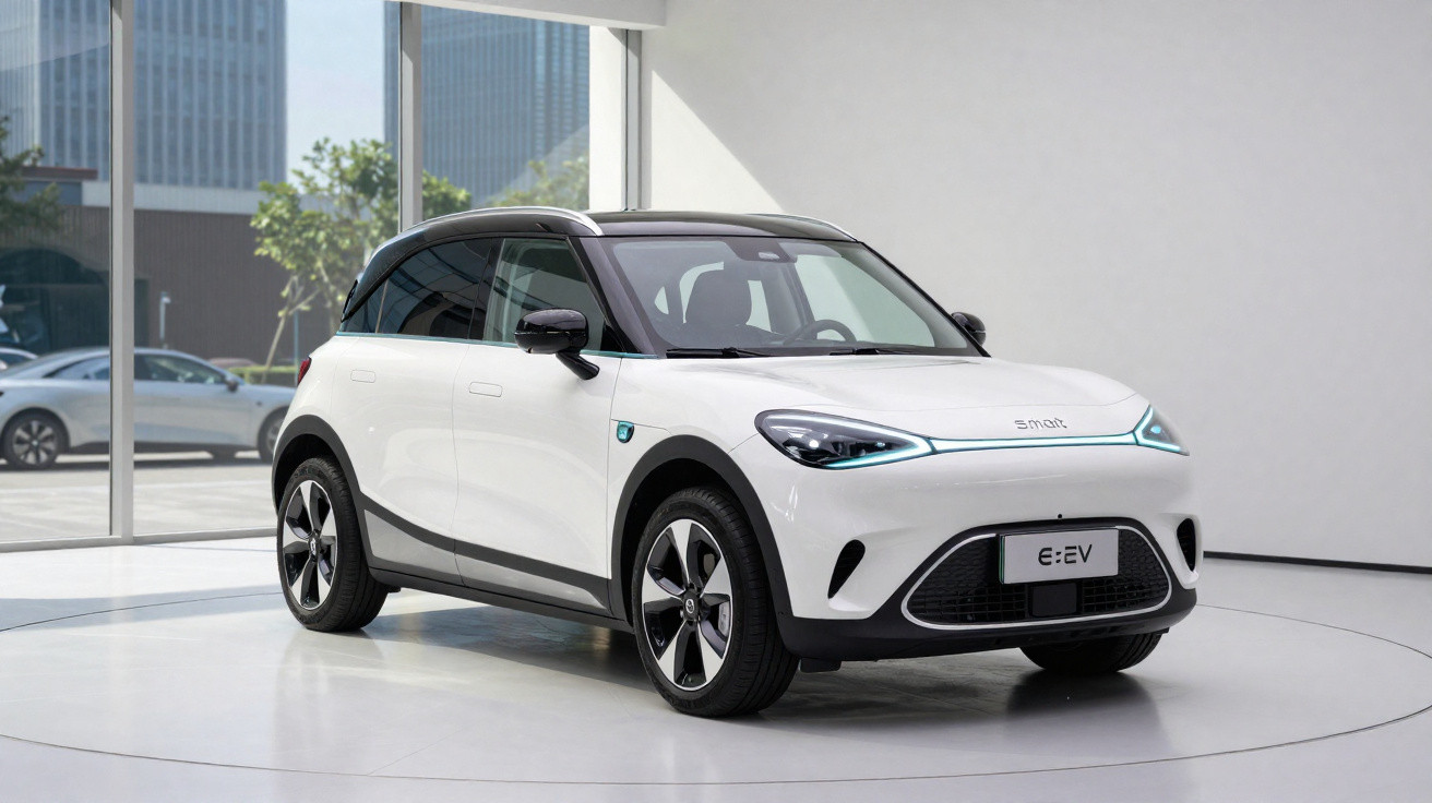 Carro elétrico Smart E:EV branco com teto preto exibido em showroom moderno e iluminado.