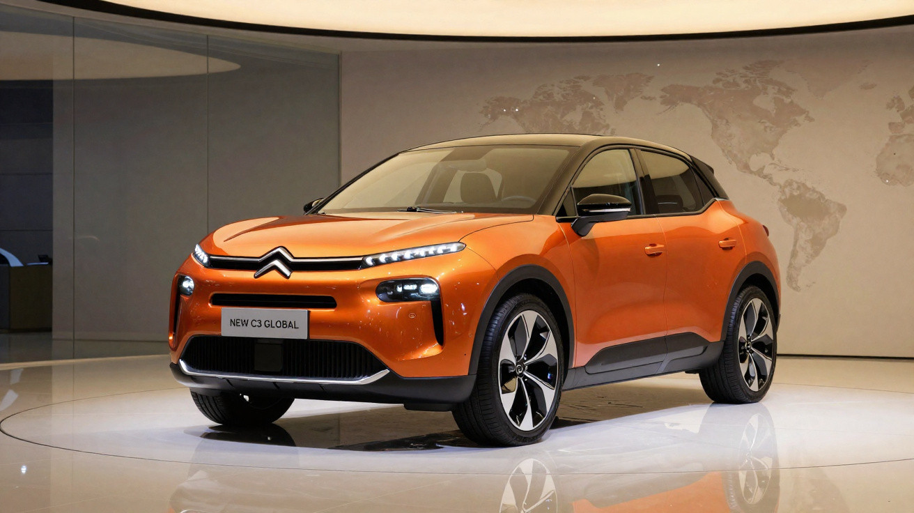 Carro compacto Citroën New C3 Global na cor laranja em exposição interna com painel de mapa mundi ao fundo.