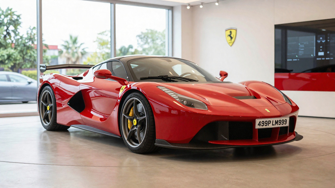 Carro esportivo vermelho Ferrari LaFerrari em showroom com piso claro e logo na parede.