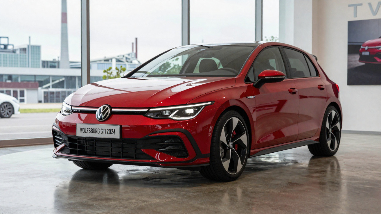 Carro Volkswagen Golf GTI 2024 vermelho estacionado em showroom com piso refletivo e grandes janelas.