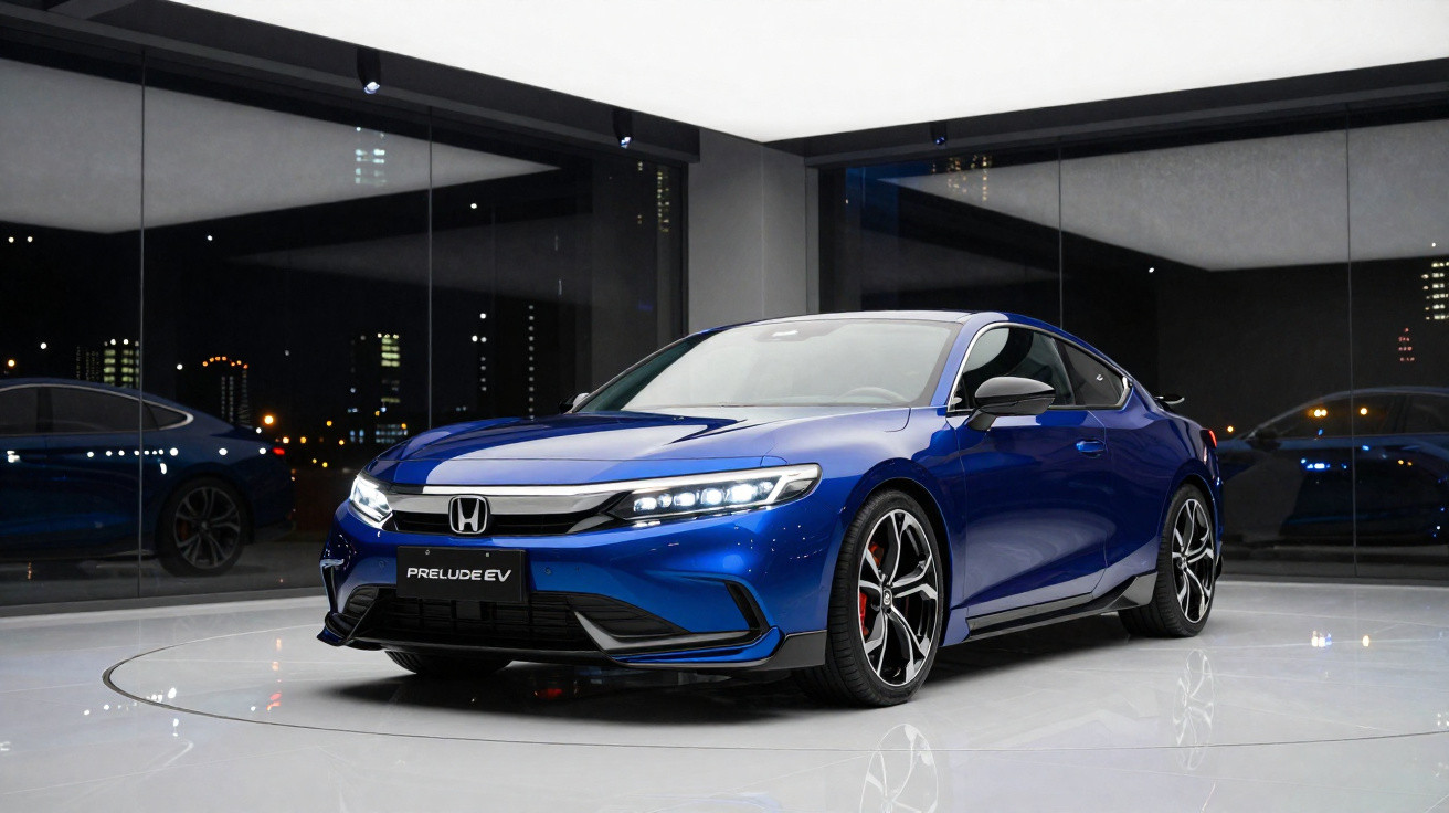 Carro esportivo elétrico Honda Prelude EV azul estacionado em ambiente interno com paredes de vidro refletindo o veículo.