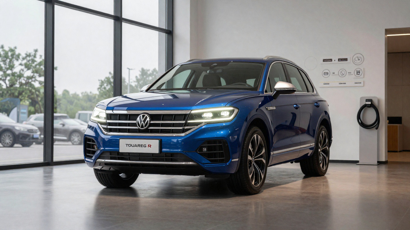 Carro SUV Volkswagen Touareg R azul em exposição dentro de showroom moderno com janelas amplas.